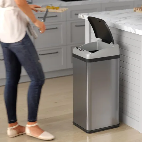 Vista 3 de iTouchless Cubo de basura de cocina con sensor de 13 galones con tapa, adaptador de CA y filtro de olor, cubo de basura platino de edición limitada