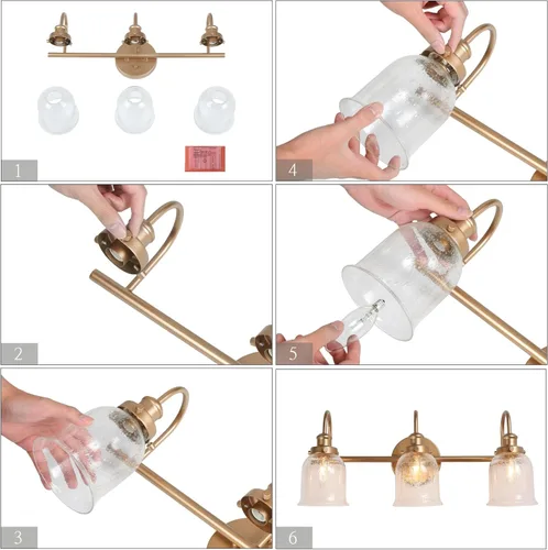 Vista 9 de Lámpara de tocador dorada, moderna lámpara de baño sobre espejo, iluminación de tocador de 3 luces con pantalla de vidrio sembrado