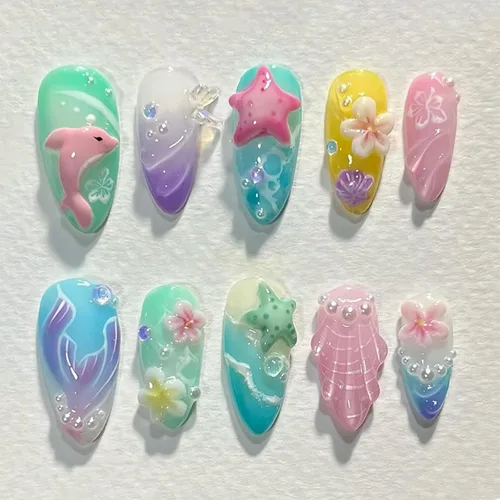 Vista 25 de Uñas postizas cortas en forma de almendra SWEKKE con punta francesa, uñas falsas con diseños de flores 3D en amarillo y rosa, uñas adhesivas