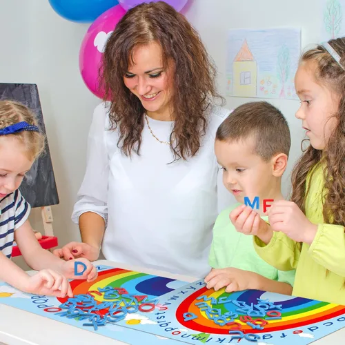 Vista 4 de Geyee Juego de 2 alfombrillas de arco iris de doble cara con letras Abc y alfombrillas de arco para actividades de reconocimiento del alfabeto