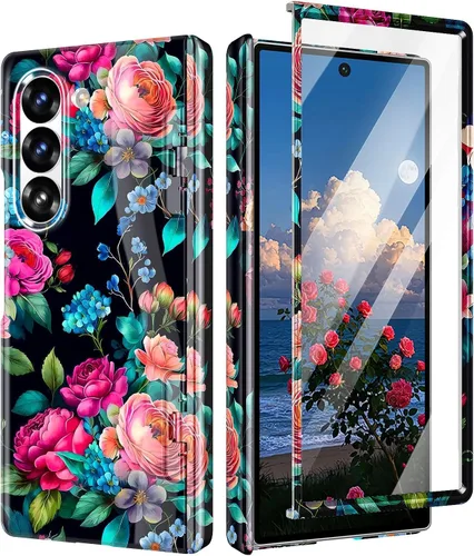 Vista 17 de Btscase Funda para Samsung Galaxy Z Fold 5, protector de pantalla frontal integrado, patrón de mármol dorado con purpurina de policarbonato duro