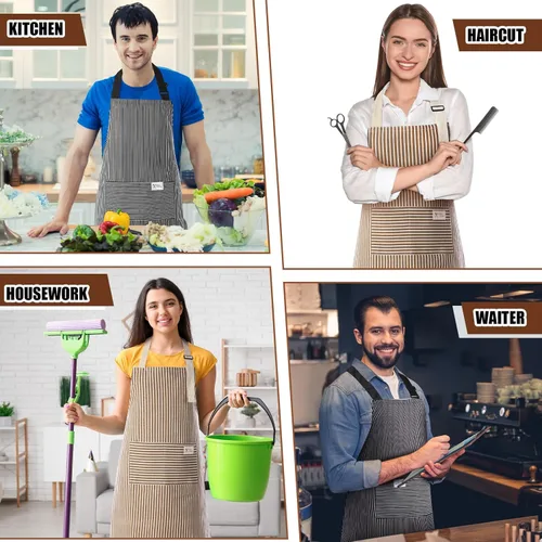 Vista 7 de Janmercy 24 delantales para mujeres y hombres con 2 bolsillos, delantal de cocina de lino, delantal ajustable para chef, delantales a granel unisex