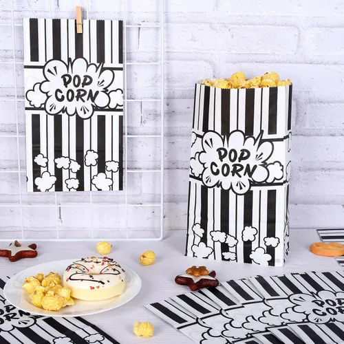 Vista 3 de Whaline 100 bolsas de papel para palomitas de maíz de noche de película, 2 onzas, rayas blancas y negras, contenedor de palomitas de maíz de fondo