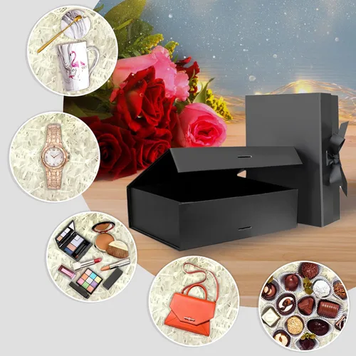 Vista 7 de DaiUni 10.5"X7.5"X3.1" Black Magnetic Gift Box with Lid and Ribbon for Presents