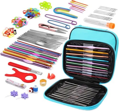 Vista 19 de IMZAY - Juego de 110 piezas de ganchos de ganchillo, juego de agujas de crochet con estuche de almacenamiento, agujas para tejer ergonómicas y romo