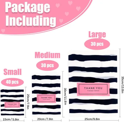 Vista 2 de Bolsas de mercancía con texto en inglés "Thank You", 100 bolsas de compras de plástico mixto de 3 tamaños, bolsa para pequeñas empresas, bolsas