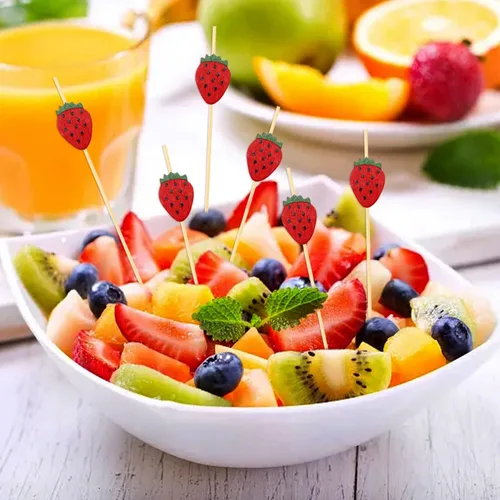 Vista 6 de Honbay 100 piezas de palillos de bambú de fresa para cóctel, palillos de frutas divertidos, sándwich, aperitivo, brochetas para decoración de bodas