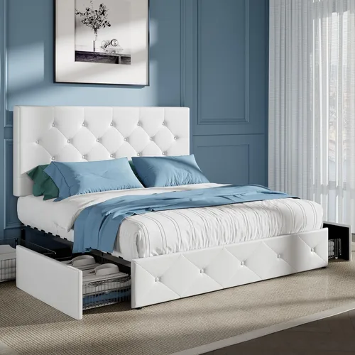 Vista 106 de HOOMIC Base de cama de almacenamiento de plataforma de tamaño matrimonial con 4 cajones y cabecera ajustable, listones de madera, no necesita