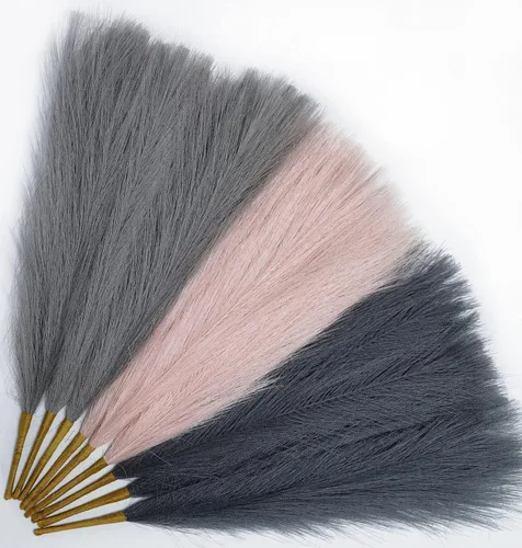 Vista 11 de SeptCat 6 piezas 17" Hierba de pampa seca artificial decorativa, esponjosa, falsa, pequeña, pompas negras, grises, pomposas, tallos cortos, arreglo