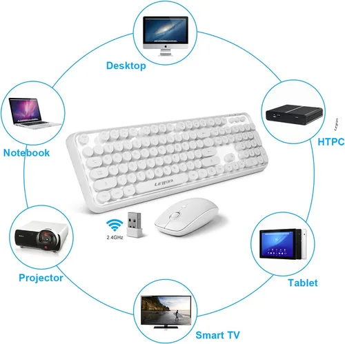 Vista 5 de Combo de teclado y mouse de máquina de escribir retro blanco, bonito teclado inalámbrico con teclas redondas retro, 2.4 GHz, teclado cremoso