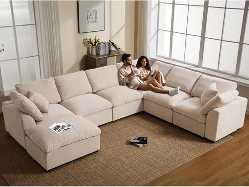 Vista 11 de Sofá modular en forma de L, moderno sofá nube con otomana, sofá esquinero de 3 plazas, sofás de felpilla con asientos profundos para salas de estar