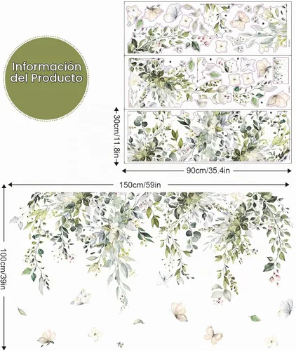 Vista 8 de Supzone Calcomanías de pared colgantes de hojas de vid – 45 x 28 pulgadas, hojas de eucalipto verdes, flores, pájaros, calcomanías de pared