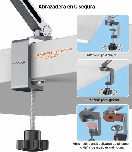 Vista 4 de YICOSUN Soporte para tablet para escritorio, soporte de brazo de aluminio resistente para iPad con abrazadera de súper agarre, soporte plegable Gris