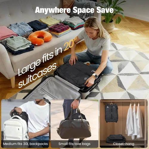 Vista 5 de Bolsas de vacío para viajes con bomba, juego de 3 tamaños, bolsas de compresión al vacío reutilizables para equipaje, ahorro de espacio IP67, cubos