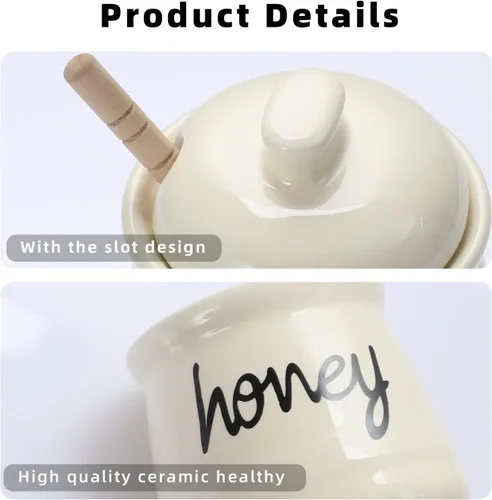 Vista 7 de ONTUBE Tarro de Miel con Cucharón y Tapa, Olla de Miel de Cerámica 12oz, Beige