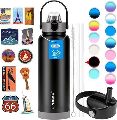 Vista 12 de Botella de agua aislada con tapa, bota y calcomanías, botella de acero inoxidable de 24 onzas, sin sudor, mantiene el frío las 24 horas, botella