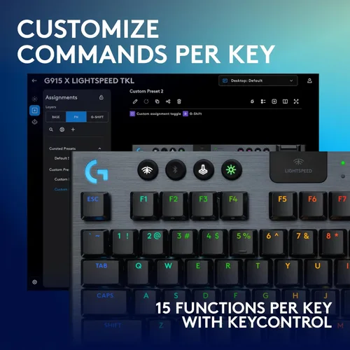 Vista 4 de Logitech G 915 X Lightspeed TKL Teclado mecánico inalámbrico para juegos, teclas PBT de doble disparo, teclas totalmente programables, teclados RGB