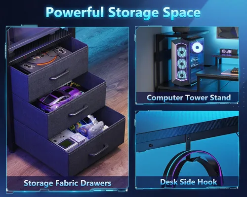 Vista 6 de Casaottima - Escritorio de juegos de 59 pulgadas con puertos de carga USB y luz LED - Escritorio reversible para computadora con 3 cajones de tela