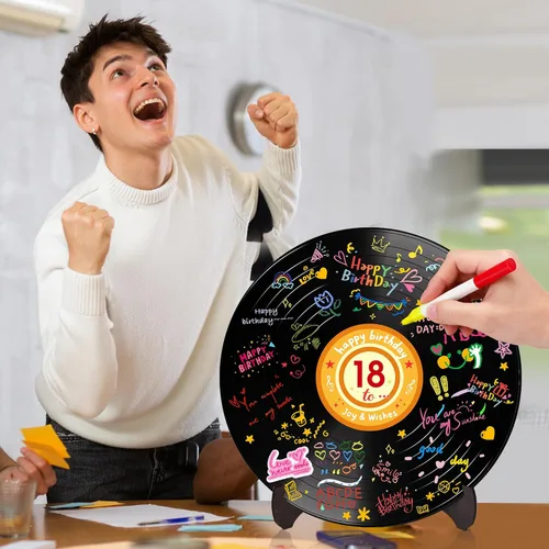 Vista 4 de Holkcog Disco de vinilo para decoración de cumpleaños, letrero de arte de graffiti con soporte, libro de invitados de feliz cumpleaños para hombres