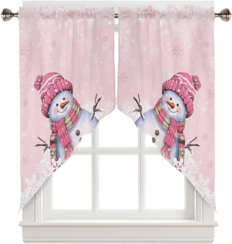 Vista 20 de BEMIGO Cortinas de cocina de Navidad, lindas cortinas de granja con muñeco de nieve azul, cenefa con bolsillo para barra de copos de nieve