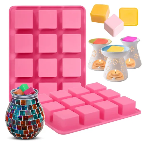Mity rain Molde de silicona para derretir cera, juego de 2 moldes cuadrados de 12 cavidades para hacer velas y cera perfumada, trufas de chocolate