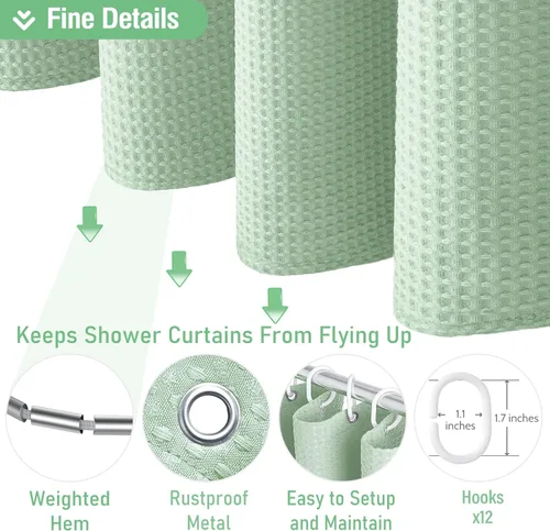 Vista 414 de Cortina de ducha de tela Dynamene verde oscuro - Cortinas de baño de tela de nido de abeja texturizadas resistentes, juego de cortinas de baño