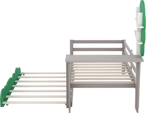 Vista 5 de Anwick Base de cama individual con escritorio y nido, sofá cama de madera con escritorio y estantes en forma de árbol verde, cama de plataforma