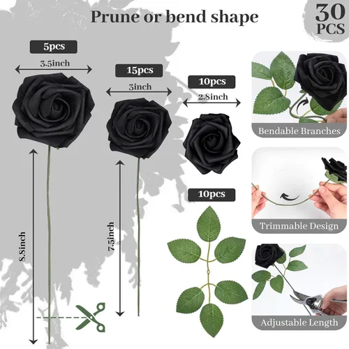 Vista 7 de JOHOUSE 30 rosas negras artificiales con tallos ajustables, decoración gótica para el día de San Valentín, centros de mesa de boda y arreglos