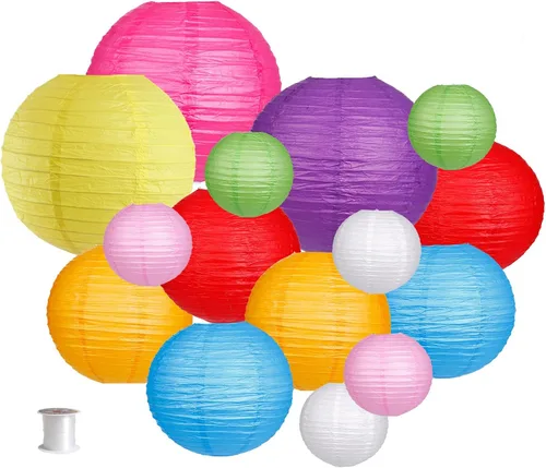 Vista 12 de Juego de 24 linternas redondas de papel para colgar, decoración para bodas, cumpleaños, baby showers, color negro/rojo
