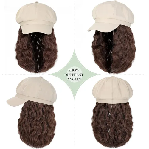 Vista 2 de Newsboy - Gorro con extensiones de cabello, corto, rizado, ondulado, estilo Bob, peluca estilo Boina, 8 paneles adjuntos, peluca sintética de 14