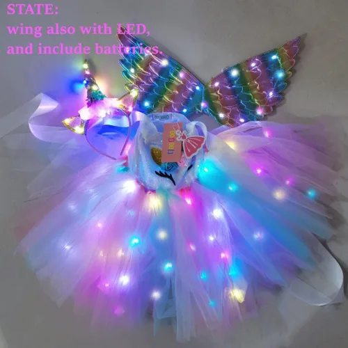 Vista 4 de Disfraz de princesa de unicornio para niñas con luz LED, para cumpleaños, Navidad, fiestas, regalos, con diadema