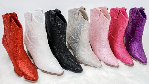 Vista 7 de Botines cortos hasta la rodilla con tacón de bloque de diamantes de imitación para mujer