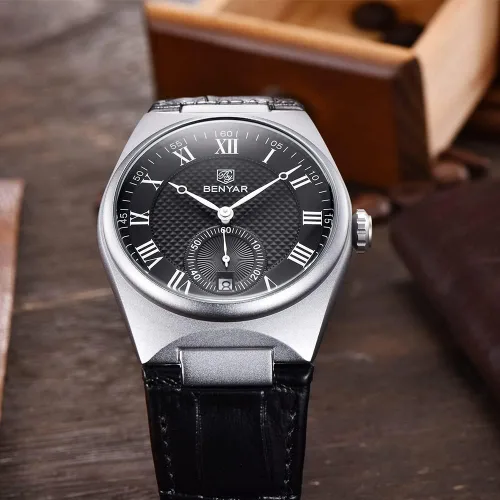 Vista 4 de BENYAR 5199 Elegante reloj de cuarzo para hombre, correa de cuero de acero inoxidable, resistente al agua, para negocios
