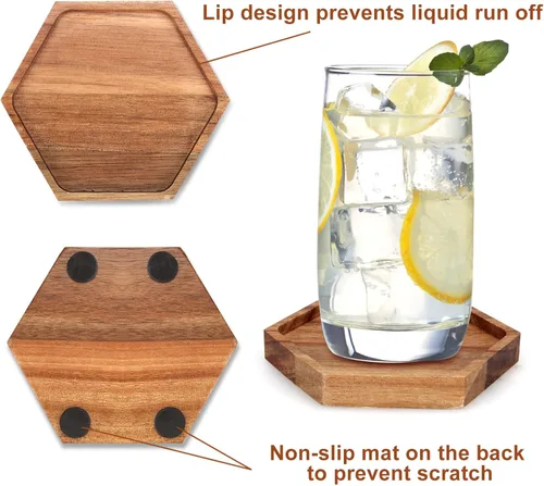 Vista 3 de Posavasos únicos de madera de acacia con soporte, juego de 6 posavasos de madera para decoración de mesa de café, decoración de cocina, accesorios