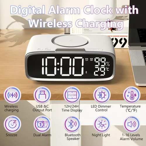 Vista 2 de VOILEIPAGI Digital Alarm Clock with Wireless Charging, Bluetooth Speakers, USB Charger, Night Light, Snooze,Temperature, Dual Alarm Clock for Heavy