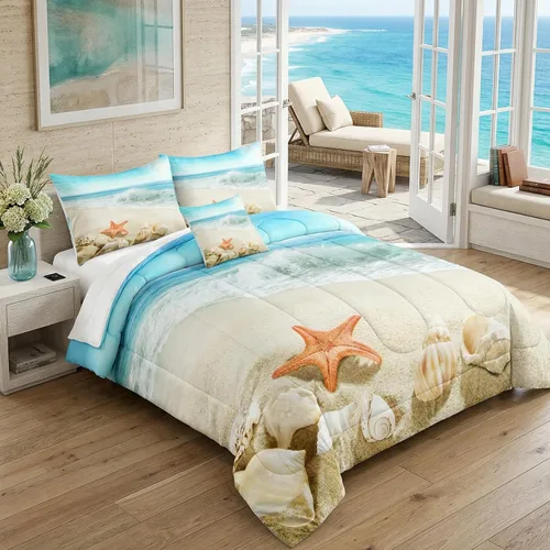 Vista 33 de Bedbay Juego de edredón de playa tamaño King, juego de ropa de cama costera de 3 piezas con diseño de concha de mar, conchas y vida marina, juego