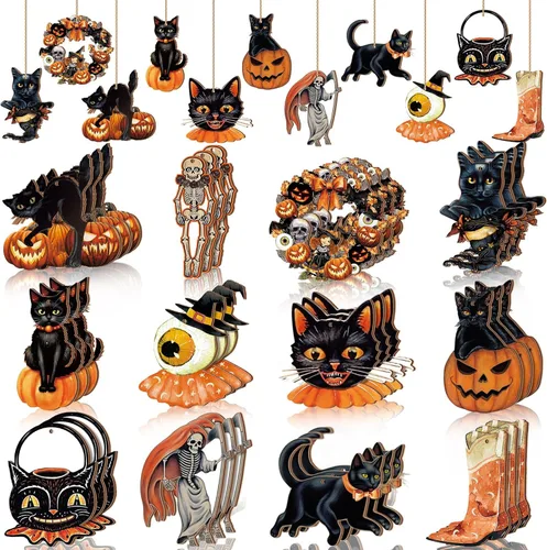 36 adornos de Halloween con cuerdas, decoración de madera de Halloween para árbol, calabaza, calavera, gato, decoración de Halloween, adornos