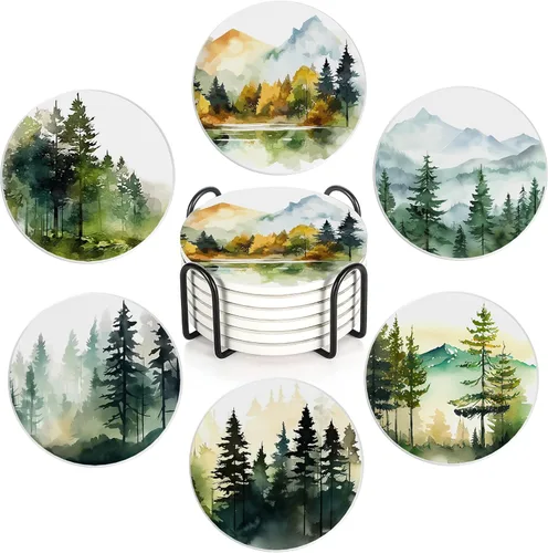 Vista 14 de Juego de 6 posavasos con soporte, posavasos de cerámica absorbentes de la serie acuarela azul con base de corcho, se adaptan a todas las tazas, gran