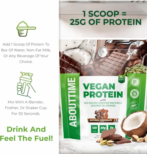 Vista 6 de About Time Chocolate de proteína vegana natural, 2 libras, 0.85 oz de proteína, sin OMG, a base de plantas, sin gluten, sin soja, sin lácteos, 32