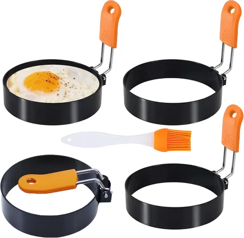 Vista 3 de Molde de anillos de huevo de 3.5" con asa de plástico, molde redondo para magdalenas inglesas - moldeador de cocción en plancha para desayunos