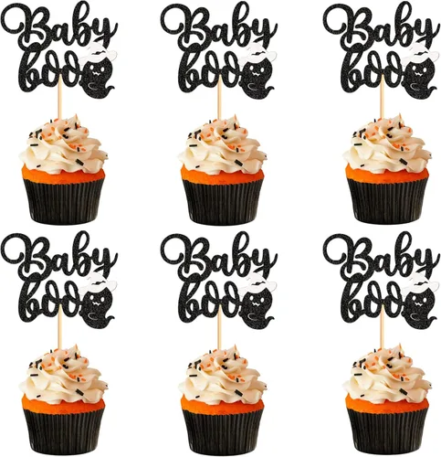 24 piezas de Halloween Baby Boo Cupcake Toppers Boo Ghost Cupcake Picks Baby Shower Halloween Boy Girl First Birthday Party Decoración Suministros