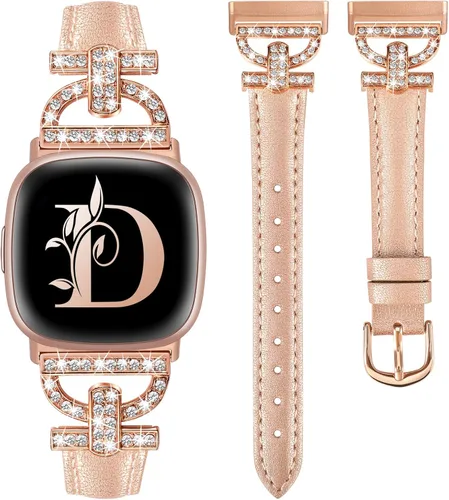 Vista 11 de Minyee Correas de cuero compatibles con Fitbit Versa 4/Versa 3/Sense 2/Sense Band para mujer, correa de cuero delgada elegante con diamantes