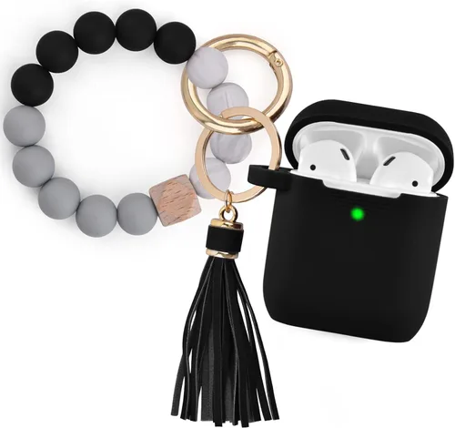 Filoto Compatible con Funda para Air pod, Linda Funda Apple 2/1 para Mujeres, Funda Protectora de Silicona con Llavero de Pulsera (Negro)