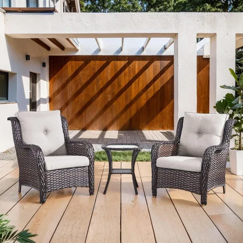 Vista 18 de Belord Mesa auxiliar pequeña para exteriores, mesa de mimbre de vidrio templado, mesa de centro impermeable para patio, mesa auxiliar de ratán