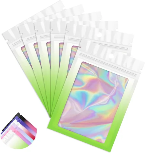 Vista 14 de Paquete de 100 bolsas holográficas de Mylar, bolsa de papel de aluminio transparente con cierre, bolsa de embalaje para almacenamiento de alimentos