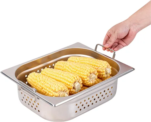 Vista 9 de Restaurantware Met Lux - Bandeja perforada para mesa de vapor, tamaño medio, 4 pulgadas de profundidad, asas plegables, antiatascos, acero