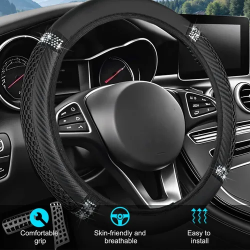 Vista 3 de Funda para volante de automóvil, protector elástico de 15 pulgadas para volante de vehículo, con diamantes de imitación de cristal, antideslizante