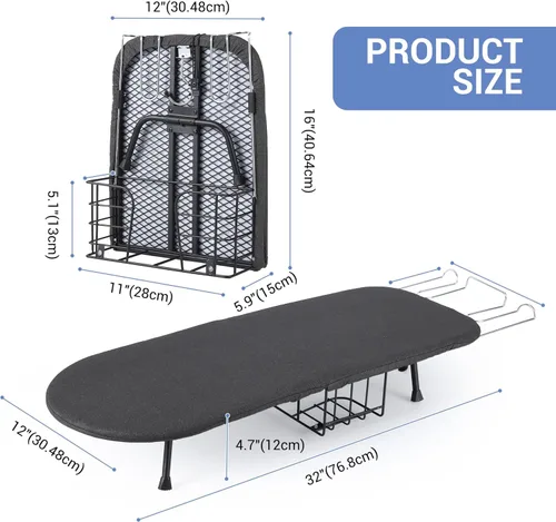 Vista 2 de Garvee Tabla de planchar de mesa, pequeña tabla de hierro plegable portátil con soporte de hierro, cesta de almacenamiento, cubierta y almohadilla