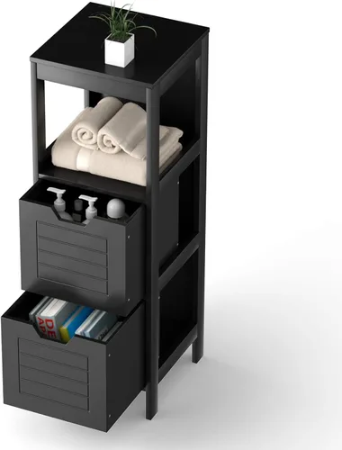 Vista 4 de Tangkula Armario de suelo de baño, torre de almacenamiento de madera estrecha con 2 cajones conmutables, almacenamiento lateral multifuncional