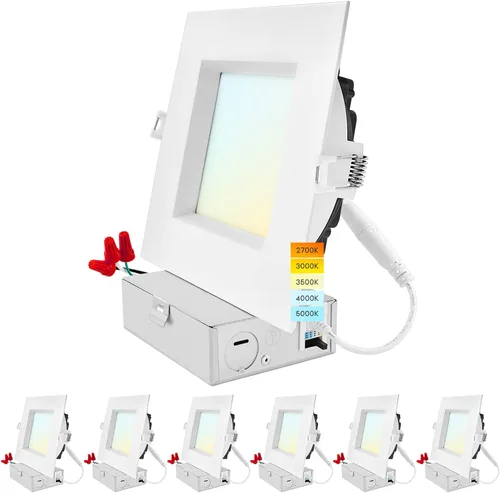 LUXRITE Lámpara de techo empotrable LED cuadrada de 6 pulgadas con caja de conexiones, 18W, 5CCT seleccionable 2700K/3000K/3500K/4000K/5000K, 1800LM